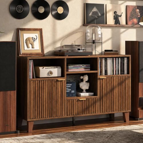 Large Round Record Player Stand with Vinyl Record Storage & Charging Station
