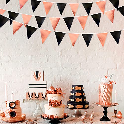 Black Rose Gold Party Decorations Triangle Pennant Banner Flag Rose Gold Black Metallic Fabric Bunting Garland for Graduation Birthday Wedding Engagement Bachelorette Celebration Hen Party Supplies (32 Foot)