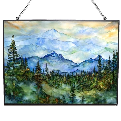 Customized Rectangle Moutain Landscape Stained Glass Window Hanging