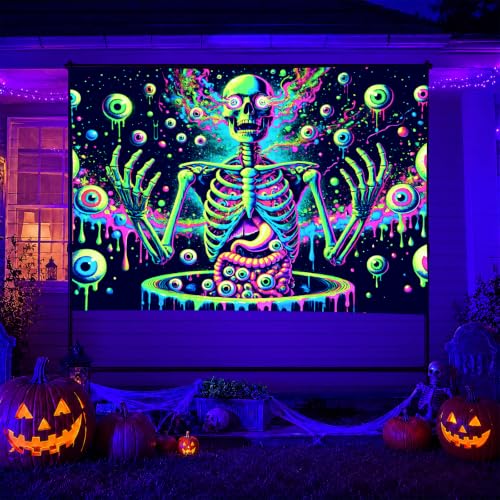 Blacklight Tapestry Skull Eyeball Wall Art 78 x 59 Inch