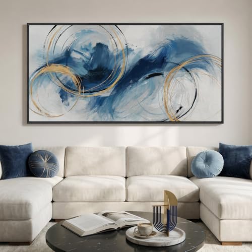 Extra Large Framed Navy Blue Abstract Wall Art for Living Room