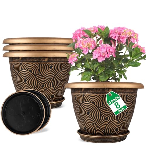 8 Inch Flower Pots Planters for Indoor Outdoor Plants (4 Count)
