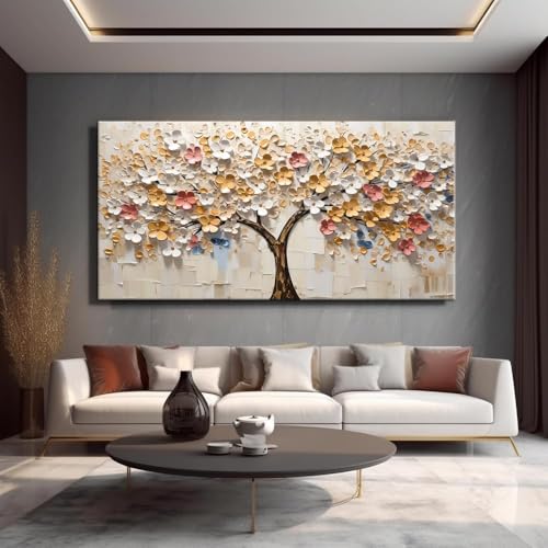2D Flat White Spring Large Tree of Life Wall Art Office Decor Living Room Modern Painting Prints Pictures Abstract Floral Flower Nature Canvas Large Landscape Artwork