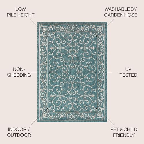 Vintage Filigree Indoor Outdoor Square Area Rug 5X5 Teal
