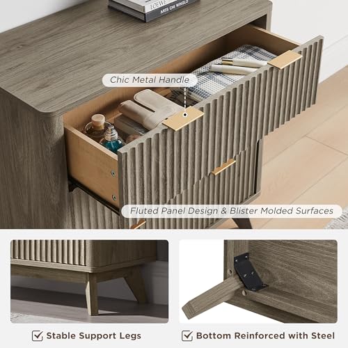 32" Large Fluted Nightstand with 3 Drawers Set of 2 (2 Count)