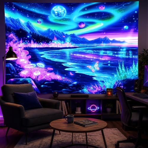 Blacklight Tapestry Galaxy Butterfly UV Backdrop 78 x 59 Inch