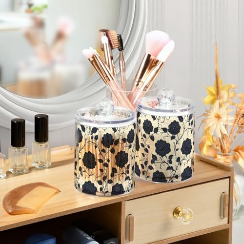 2 Pack Qtip Holder Organizer Dispenser Black Roses Tile Pattern Bathroom Storage Canister Cotton Ball Holder Container for Cotton Pads (2 Count)