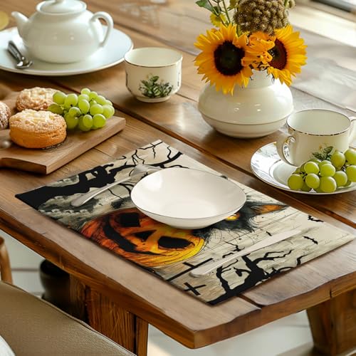 Halloween Black Cat Pumpkin 12x18 Placemats Set of 4 Happy Halloween Bat Branch Linen Table Place Mat Seasonal Fall Washable Heat Resistant Non Slip Table Placemats for Party Kitchen Dining Decor (4 Count)