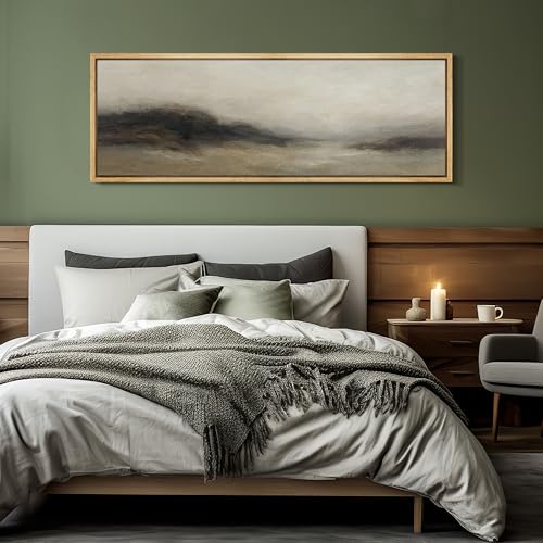 Large Framed Canvas Print Wall Art Foggy Mountain Horizon Landscape Neutral Tones Abstract Illustrations Decorative Colorful for Bedroom