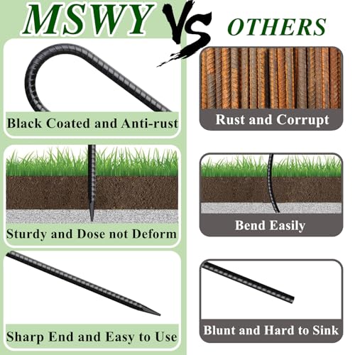 16 Inch Rebar Stakes J Hook 26 Pack Ground Stakes Heavy Duty Tent Stakes with Chisel Point End Chain Link Fence Stakes Galvanized Steel Ground Anchors Metal Spikes Black Coated (26 Count)