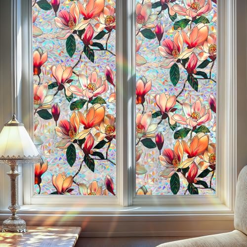 Window Privacy Film Decorative Stained Glass Window Film Rainbow Magnolia Floral Static Cling Non (666.1652 sq inch)