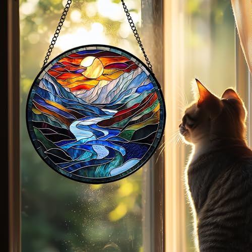 Stained Glass Window Hanging River Scenery Suncatcher Gifts for Women 6.3"