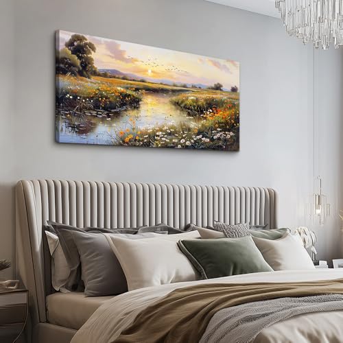 Canvas Wall Art For Bedroom Wall Decoration For Living Room Restaurant Office Decor Rivulet View Painting Farmhouse Field Scenery Watercolour Pictures Printing Artworks Home Decor 20x40In