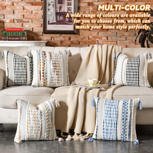 Set of 2 Chenille Striped Textured Boho Throw Pillow Covers Aesthetic with Tassels Woven Decorative Pillow Case for Couch Bed Sofa Bedroom Modern Funky 18 x 18 (2 Count)
