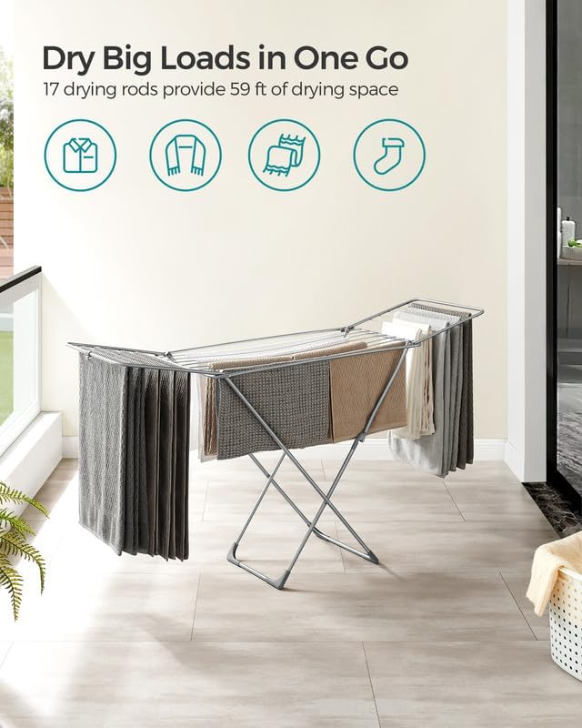 SONGMICS Clothes Drying Rack, Metal Laundry Drying Rack, Foldable, Space-Saving, Free-Standing Airer, with 2 Gullwings, Indoor Outdoor Use, Bed Linen Clothing, Gray ULLR540G01 - NestledHome