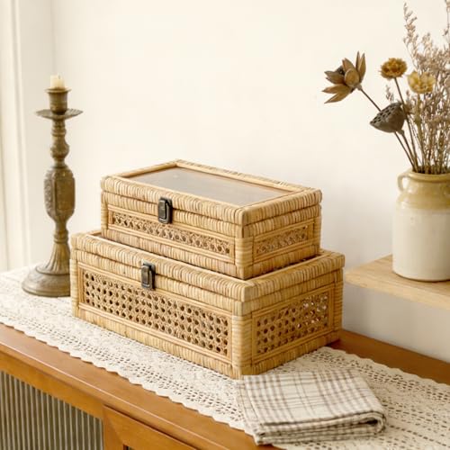 Rattan and Cane Stacking Boxes with Glass Top Lid