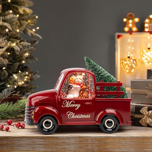 Christmas Snow Water Lantern Glittering Snowman and Pup in Red Truck with Christmas Tree