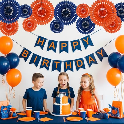 Honeycomb Round Paper Fans Blue Orange Hanging Party Decoration (12 Count)