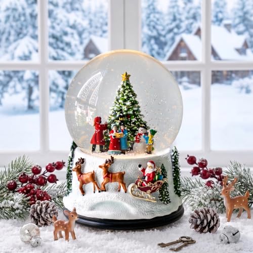 Christmas Snow Globe Lantern Water Glittering Santa Sleigh Crown with Music