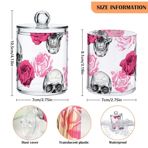 2 Pack Qtip Holder Dispenser Skull Rose Flower Bathroom Storage Canister Lid Acrylic Plastic Apothecary Jar Set Vanity Makeup Organizer for Cotton Swab (2 Count)