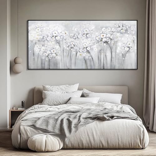 Flower Wood Wall Decor White Wall Art Textured Canvas Painting 32"x70" Decorative Pictures for Bedroom Kitchen Large Artwork