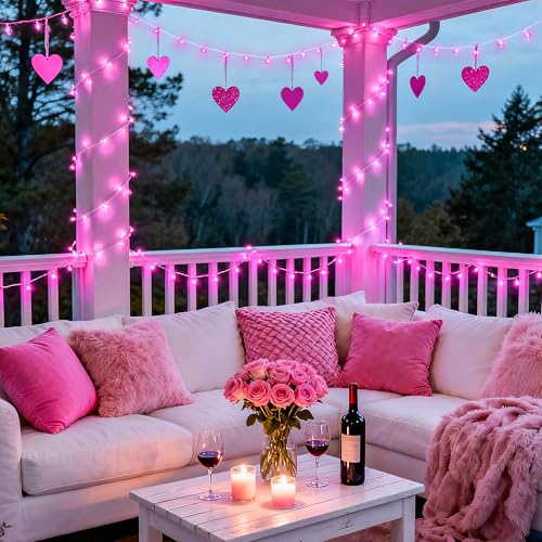 33ft 100 LED Pink Battery Operated Lights with 8 Modes Remote (100 Count)