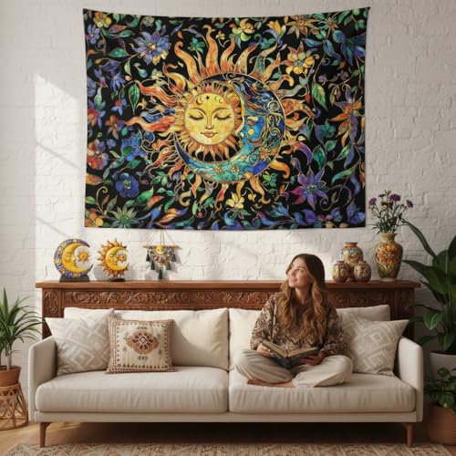 Sun and Moon Tapestry for Bedroom Boho Hippie Floral Wall Tapestry Aesthetic Vintage Stained Glass Plant Extra Large Tapestries Wall Hanging for Living Room Dorm 90 x 68 Inch
