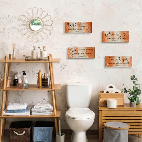 4 Pieces Orange Bathroom Decor Bible Verses Decor Wooden Orange Wall Decor Abstract Office Christian Wall Decor Religious Art for Women Office Home Bedroom Living Room Decor (4 Count)