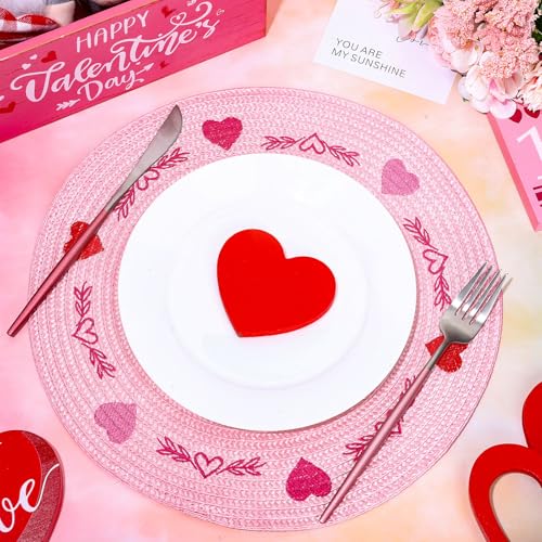 4Pcs Round Valentine Placemats Red Pink Heart Embroidered Place Mats Decorative Dinner Table Mats for Home Wedding Anniversary Party Decor (4 Count)