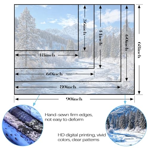 Winter Forest Snow Mountain Tapestry Snowy Pine Tree Woodland Tapestry for Bedroom Aesthetic White Clouds Flowing River Landscape Tapestries Wall Hanging for Living Room Dorm Office 48 x 36 Inch