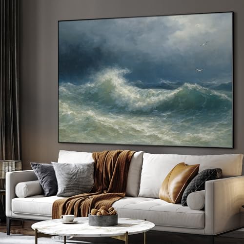 36"x46" Extra Large Framed Wall Art Dramatic Ocean Waves with Stormy Sky and Seagulls for Home Living Room Bedroom Decor
