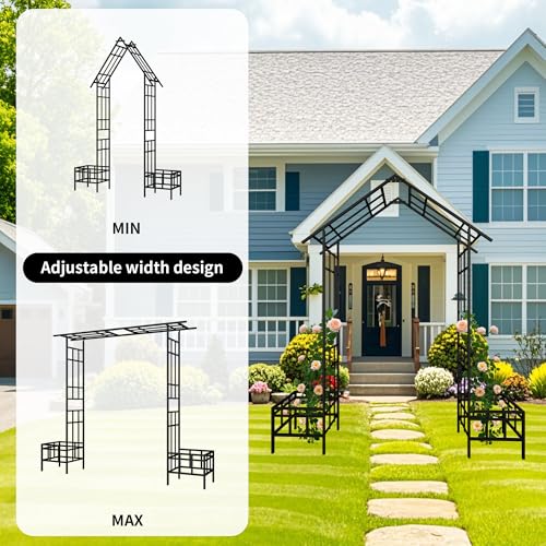 Metal Garden Arch with Plant Box Adjustable Width W68.11'' ~W94.29'' Garden Trellis Climbing Plants Support Rose Arch Outdoor Wedding Party Events Archway