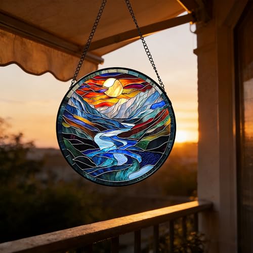 Stained Glass Window Hanging River Scenery Suncatcher Gifts for Women 7.8"