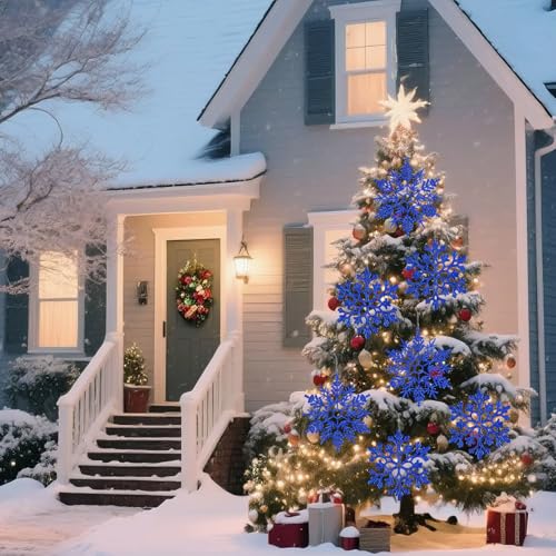 6pcs Large Navy Blue Snowflakes Ornaments 12" Big Plastic Glitter Snowflake for Winter Indoor Outdoor Christmas Tree Window Room Decorations Giant Craft Snowflakes (6 Count)