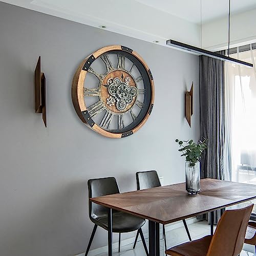 30'' Large Wall Clock Real Moving Gears Oversized Industrial Solid Wood Rusic Farmhouse Clocks for Living Room Wall Decor Home Office