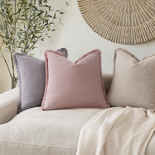 Decorative Linen Fringe Throw Pillow Covers 24×24 Inch (2 Count)