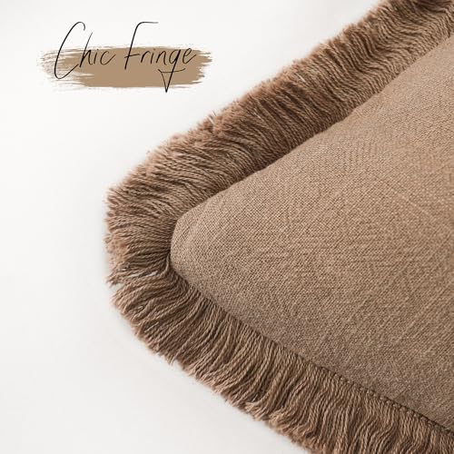 Decorative Linen Fringe Throw Pillow Covers 22×22 Khaki Brown (2 Count)