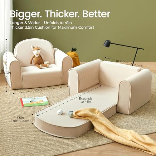 2-in-1 Foldable Kids Couch with Pocket Soft Thick Toddler Sofa