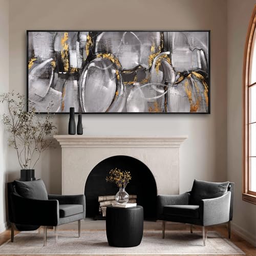 Abstract Canvas Wall Art Grey and Gold Wall Decor Line Print Pictures 32"x70" Bedroom Large Artwork Over Bed Office Posters