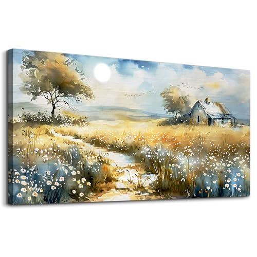 Vintage Wildflower Field Landscape Painting Wall Art For Dining Room Kitchen Art Print Country Field Mural Wall Decoration For Farmhouse And Living Room Bedroom Home Decoration 20x40 In
