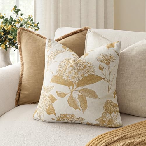 Set of 2 Linen Floral Vintage Throw Pillow Covers Neutral Accent Print Decorative Cozy Cushion Covers Farmhouse Home Decor for Sofa Chair Couch Bed Living Room (2 Count)