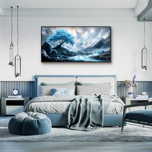 Black Framed Canvas Wall Art For Living Room Wall Decor For Bedroom Office Wall Decorations Blue Tree Landscape Paintings Modern Pictures Artwork Room Aesthetic Home Decor 20x40 In