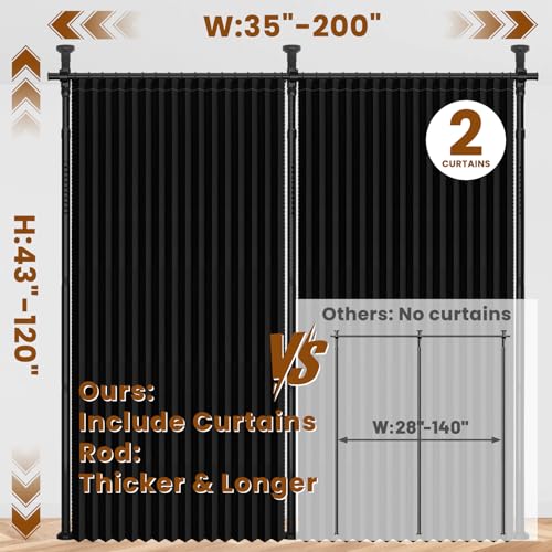 100% Blackout Room Divider Curtains Sets Black 2 Panels W100 x L96in No Drill Curtain Rods (2 Count)