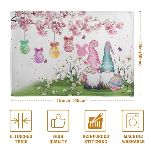 Easter Gnomes Bunny Placemats Set of 4 Easter Eggs Flowers Place Mat 12x18 Inch Seasonal Spring Farmhouse Washable Linen Table Mats for Party Kitchen Dining Outdoor Indoor Decor