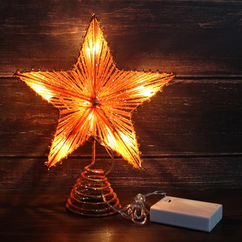 Orange Glittered 3D Tree Top Star with Warm White LED Lights and Timer for Christmas Tree Topper Decoration and Holiday Seasonal Décor
