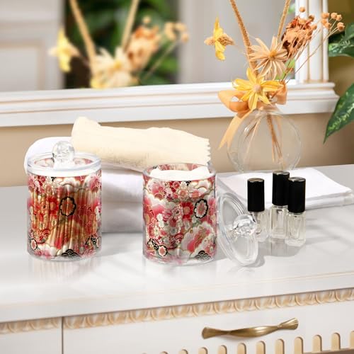 2 Pack Qtip Holder Organizer Dispenser Japanese Flowers Pattern Bathroom Storage Canister Cotton Ball Holder Container for Cotton Pads (2 Count)