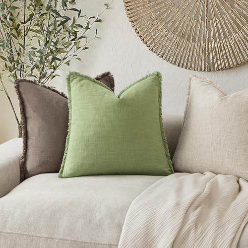 Boho Linen Fringe Lumbar Throw Pillow Covers 12×20 Lime Green (2 Count)