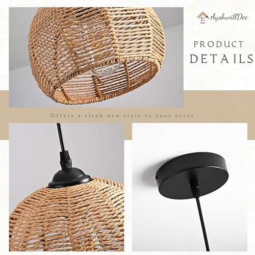3 Pack Wicker Pendant Light Natural Woven Pendant Light Boho Chandelier Light Fixture Dome Rustic Farmhouse Pendant Lights Rattan Light Fixture for Dining Room Kitchen Island (3 Count)