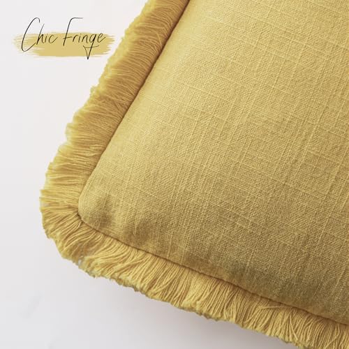 Decorative Linen Fringe Throw Pillow Covers 18×18 Ginger Yellow (2 Count)