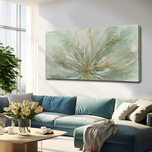 Green Flowers Canvas Wall Art Modern Paintings with Gold Foil Abstract Nature Wall Decorations for Home Office Living Room Bedroom 24" x 48"